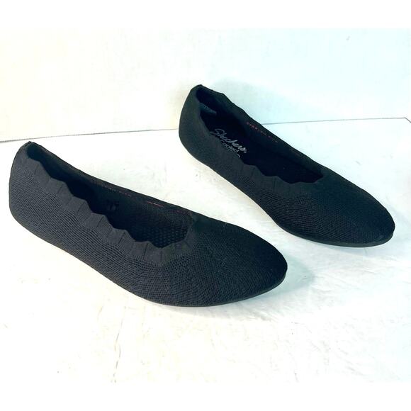 Skechers Cleo Black Scalloped Memory Foam Air Cooled Fabric SlipOn Flat Shoes 11 - Picture 2 of 13